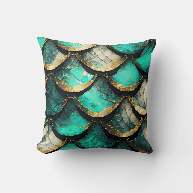 Coussin "Opulence Turquoise d'or : Motif de la queue de si (Recto)
