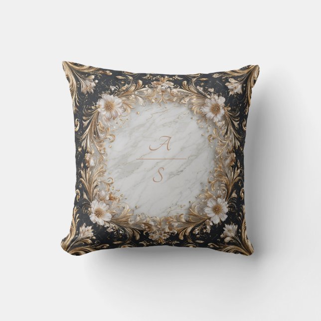 Coussin Or Baroque Floral Marbre Noir Opulent (Recto)