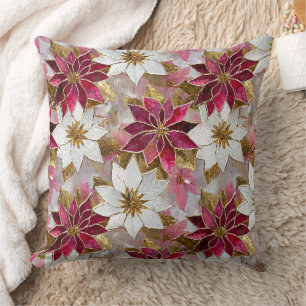 Coussin Or Blanc Bourgogne Rose Poinsettias de Noël