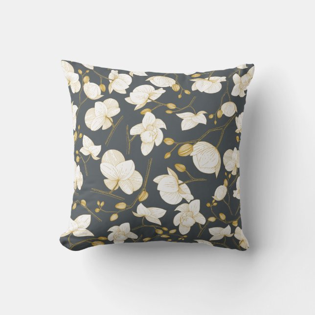 Coussin Or et blanc élégant orchidée floral moderne (Recto)
