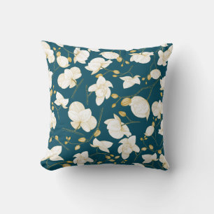 Coussin Or et blanc élégant orchidée floral moderne bleu