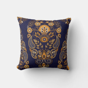 Coussin Or et bleu, motif sans couture fleurie.