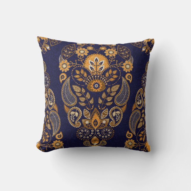 Coussin Or et bleu, motif sans couture fleurie. (Recto)