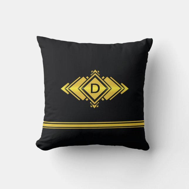 Coussin Or et monogramme noir de style d'art déco (Recto)