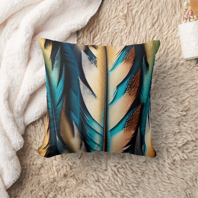 Coussin Or et plumes Turquoises (Couverture)