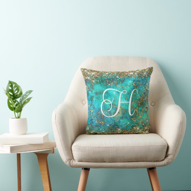 Coussin Or et Turquoise Glam Monogrammé de Pierres Précieu (Chaise)