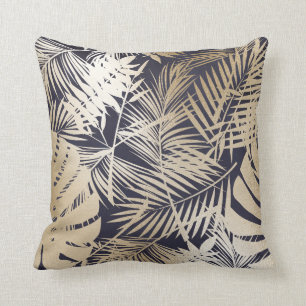 Coussin Or floral tropical et bleu marine