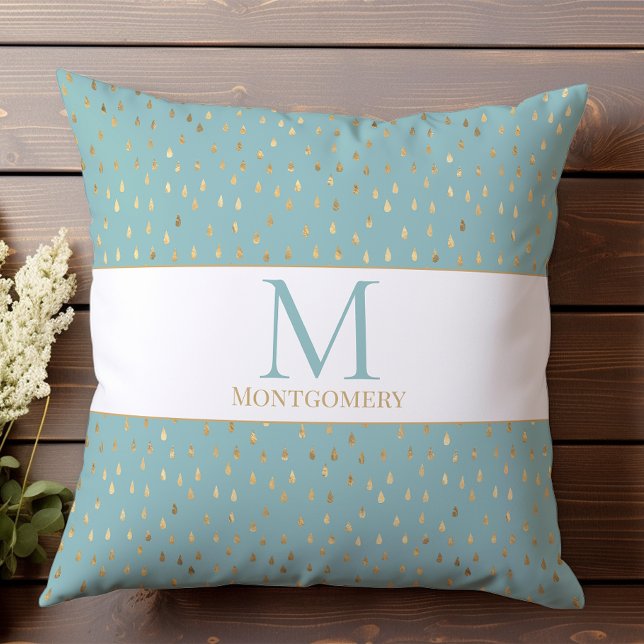 Coussin Or Monogram Moderne Tendance Goutte de Pluie Bleu  (Créateur téléchargé)