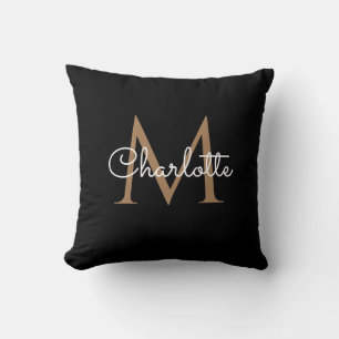 Coussin Or Monogramme Élégant Script Féminin Noir