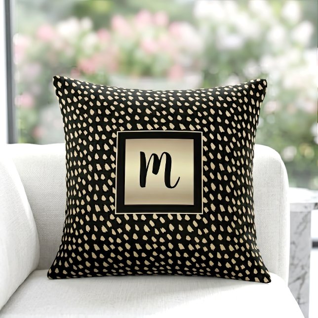 Coussin Or monogramme motif feuille d'or noir écriture mod (Créateur téléchargé)