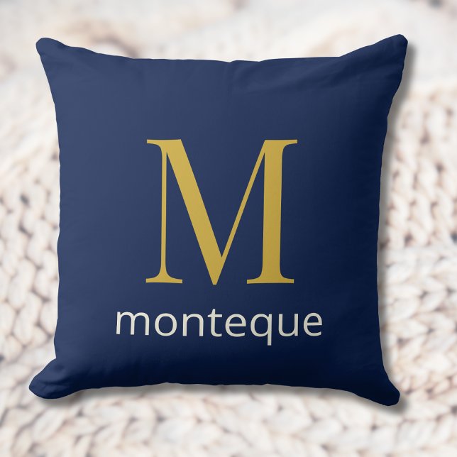 Coussin Or Navy Profond Monogramme Personnalisé Nom Luxe (Créateur téléchargé)