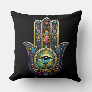 Coussin Or noir coloré Hamsa avec troisième œil turquoise