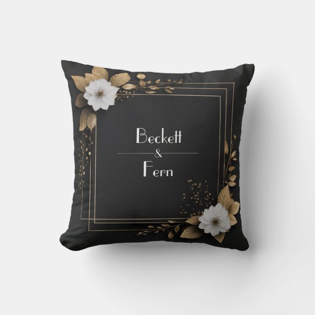 Coussin Or Noir Feuille Fleur Blanche Glamour Moderne (Recto)