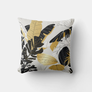 Coussin Or, plantes tropicaux noirs : luxe.
