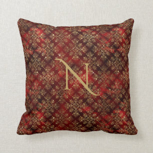 Coussin Or Rouge Bourgogne Monogramme Damask Élégant Chic