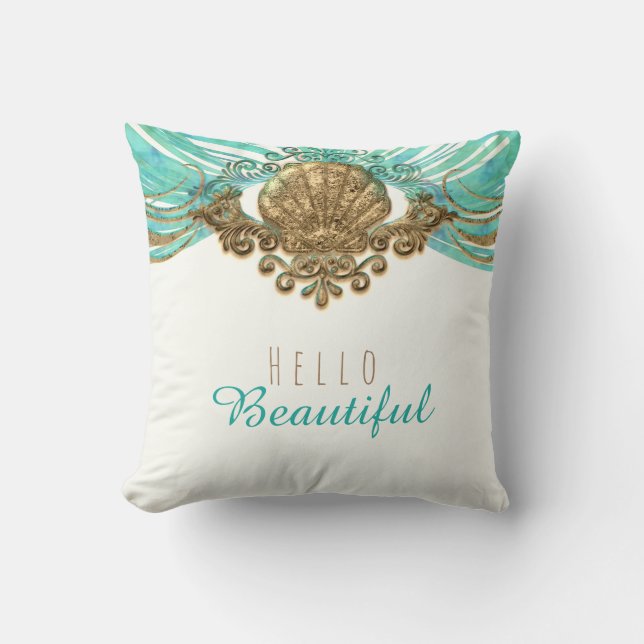 Coussin Or & Turquoise Coquillage Glam Plage Élégant Perso (Recto)