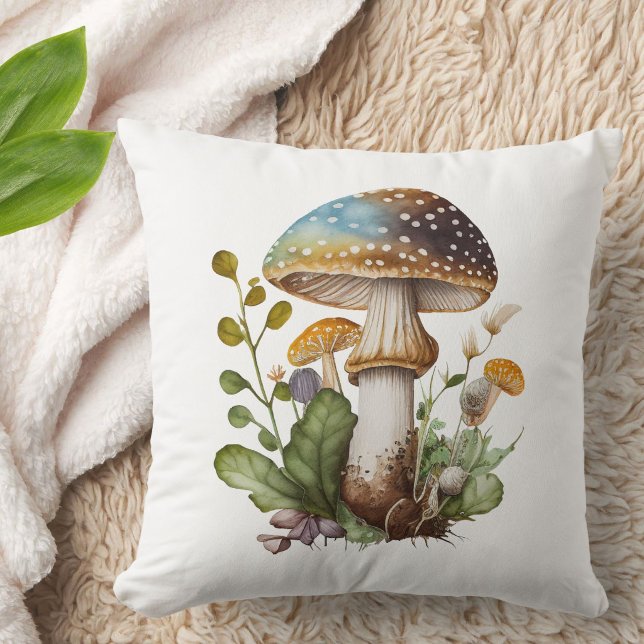 Coussin Or Vert Bleu Champignon De Forêt De Style Aquarell (Add cottagecore charm to your home with this cute gold, green + blue mushroom throw pillow.)