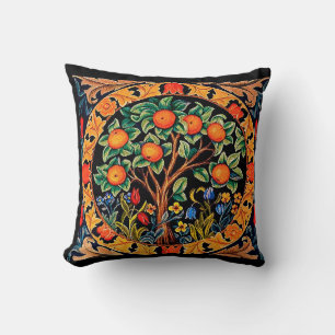 COUSSIN ORANGE ARBRE AVEC FEUILLES VERTS, FLEURS