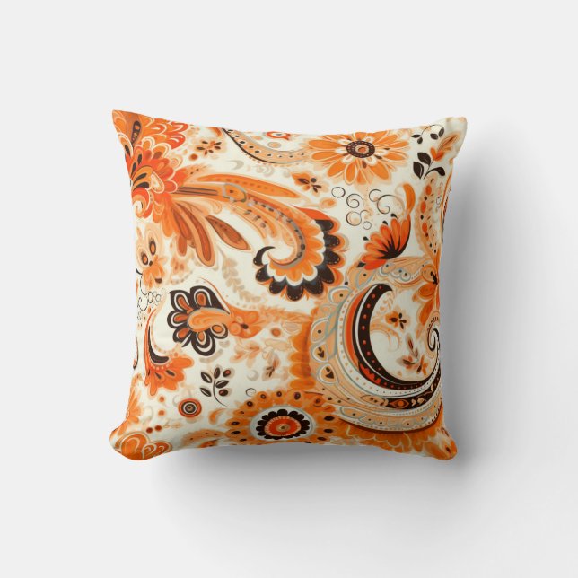 Coussin Orange Boho Paisley Motif sans fil (Recto)