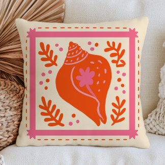 Coussin Orange Brûlé & Coquillage Rose Eclectique Nautique