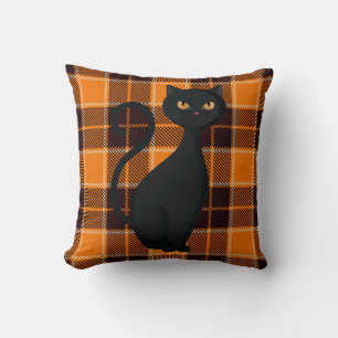 Coussin Orange Buffalo Carreaux Écossais Chat Noir Épouvan