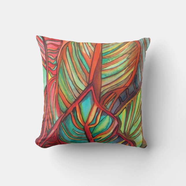 Coussin Orange Canna feuille aquarelle art original (Recto)