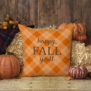 Coussin Orange et Blanc Gingham Carreaux Happy Fall Y'all