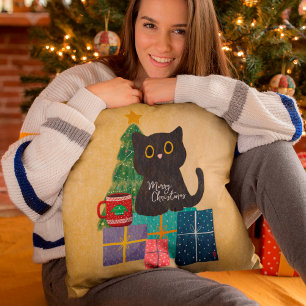 Coussin Orange Festif Chat Mignon Café Joyeux Noël
