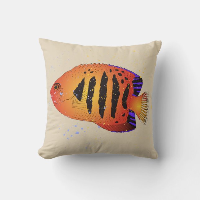 Coussin Orange flamme Poisson-Ange Aquarium Tropical Art (Recto)