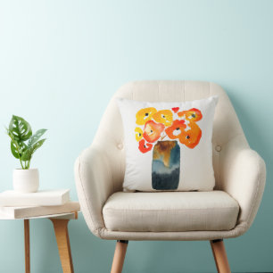 Coussin Orange fleurs de pavot aquarelle