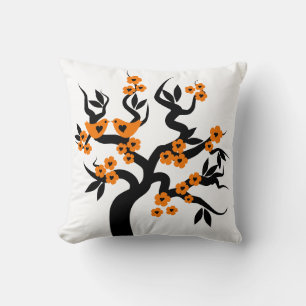 Coussin Orange fleurs Inséparables sakura cerisier