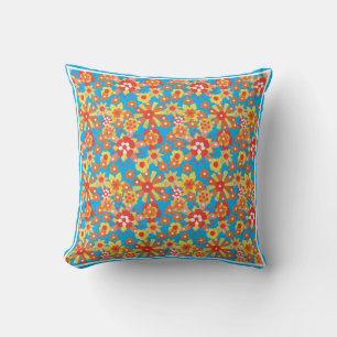 Coussin Orange Floral et Pois Polka Bleu réversible