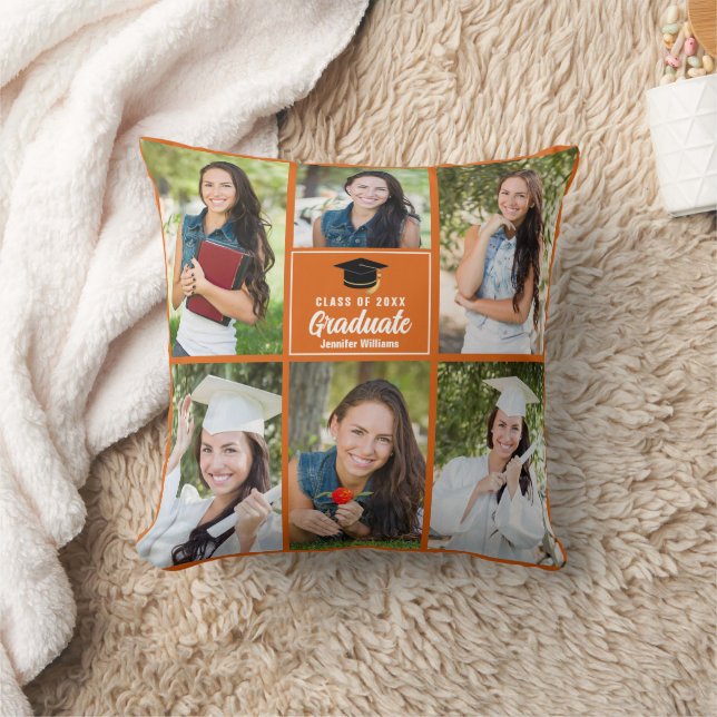 Coussin Orange Graduate Photo Collage Custom Graduate (Couverture)