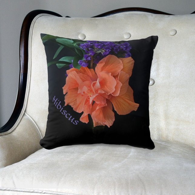 Coussin Orange Hibiscus Fleur Dramatique Noir (Créateur téléchargé)