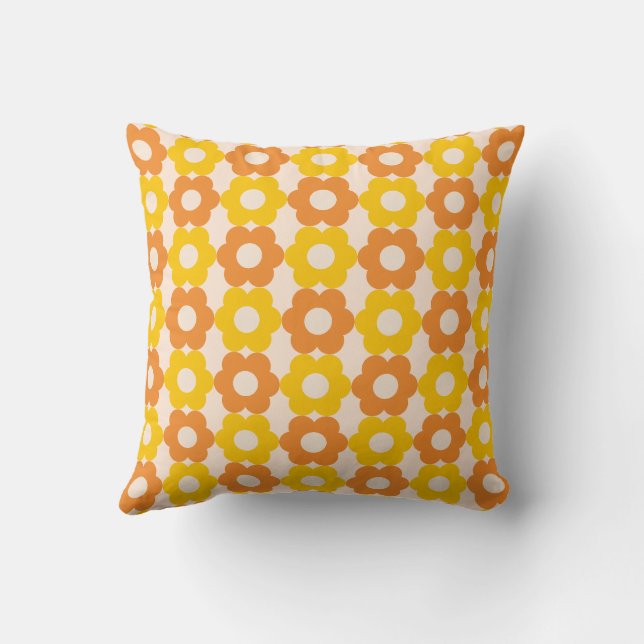 Coussin Orange, Jaune rétro 60s, les années 70 motif flora (Verso)