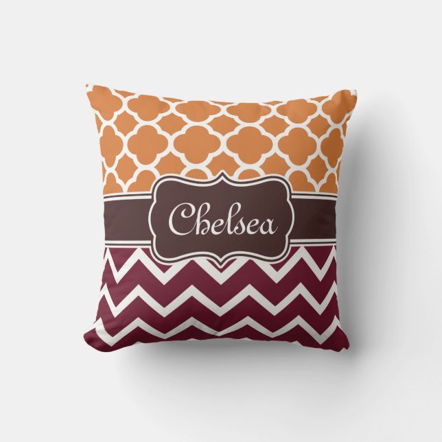 Coussin Orange Lattice Maroon Chevron Motifs Nom Brown (Recto)