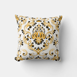 Coussin Orange Noir Blanc Damas Motif Floral Élégant