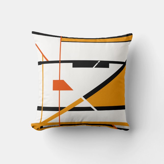 Coussin Orange Noir Or sur Design Géométrique Blanc (Recto)