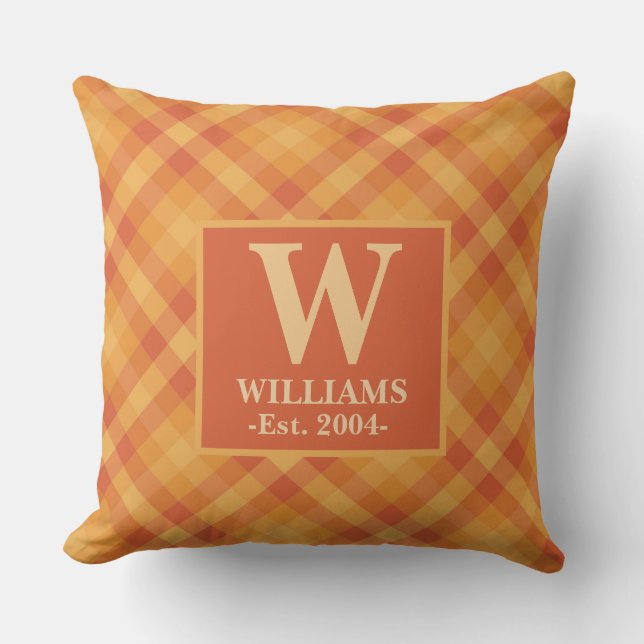 Coussin Orange Plaid Automne AUTOMNE Monogramme Nom de fam (Recto)
