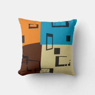 Coussin Orange rétro, Bleu, Brown, Crème Art Abstrait