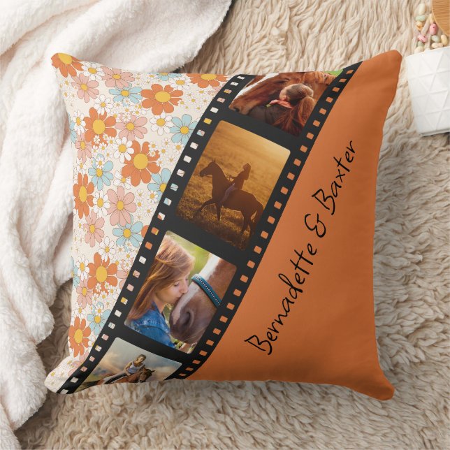 Coussin Orange Retro Daisy 4 Photo Horse Collage Nom (Couverture)