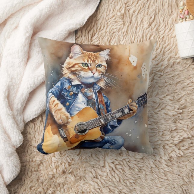 Coussin Orange Tabby Cat Rock Star Jouer Guitare Acoustiqu (Couverture)