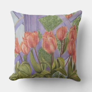 COUSSIN ORANGE TULIP FLEURS SUR PURPLE LATTICE PATIO
