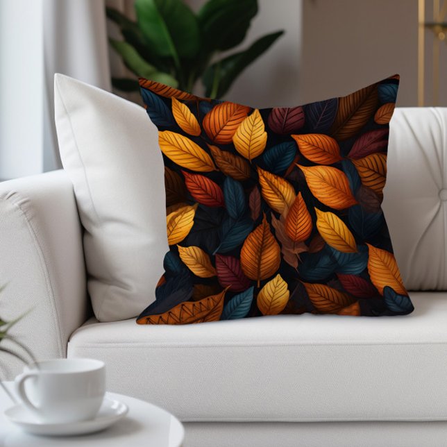 Coussin Orange Turquoise Automne Feuilles (Warm burnt orange fall/autumn leaves decorator pillow)