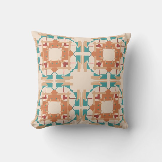 Coussin Orange Turquoise Beige Sud-Ouest Look Tribal Art (Recto)