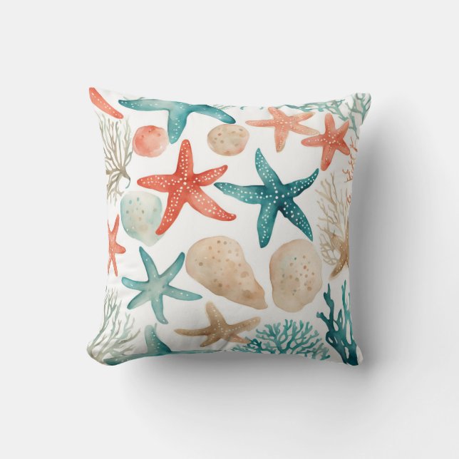 Coussin Orange Turquoise Starfish Beach Seashell Motif (Recto)