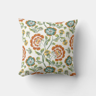 Coussin Orange Vert Jaune Blanc Floral Baroque Motif