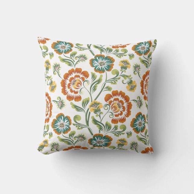 Coussin Orange Vert Jaune Blanc Floral Baroque Motif (Recto)