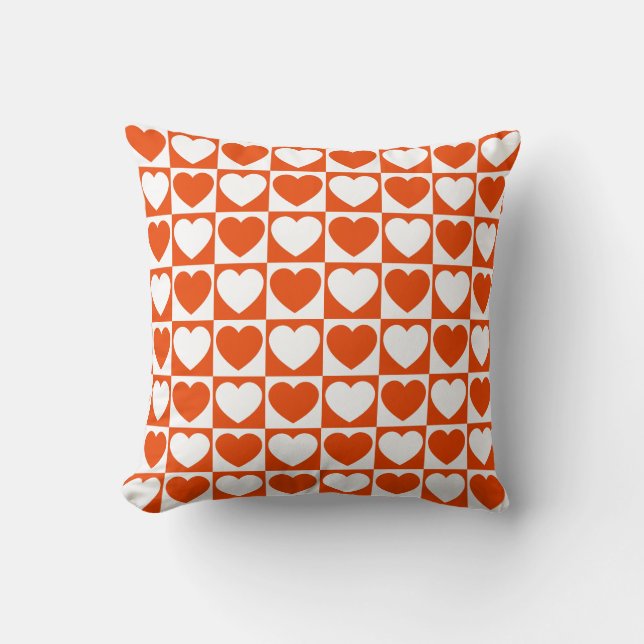 Coussin Orange vif et blanc à carreaux avec des coeurs (Recto)