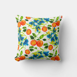 Coussin Oranges et fleurs bleues sur agrumes blancs